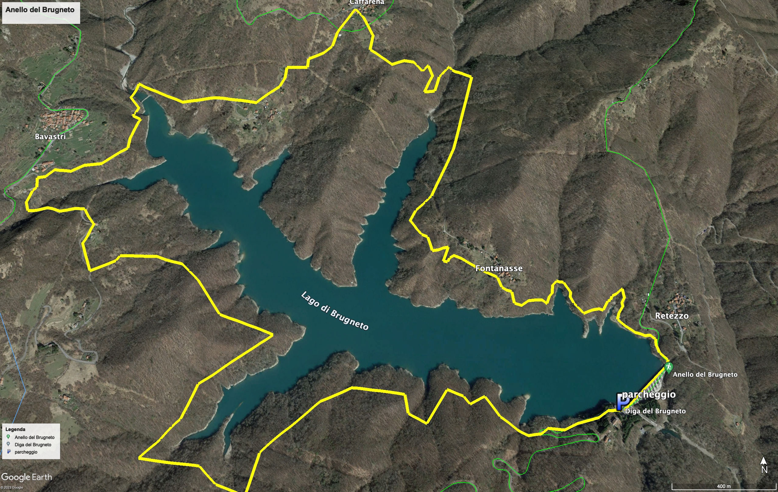 Cartina dell'escursione Mappa dell'escursione del giro basso del lago del Brugneto