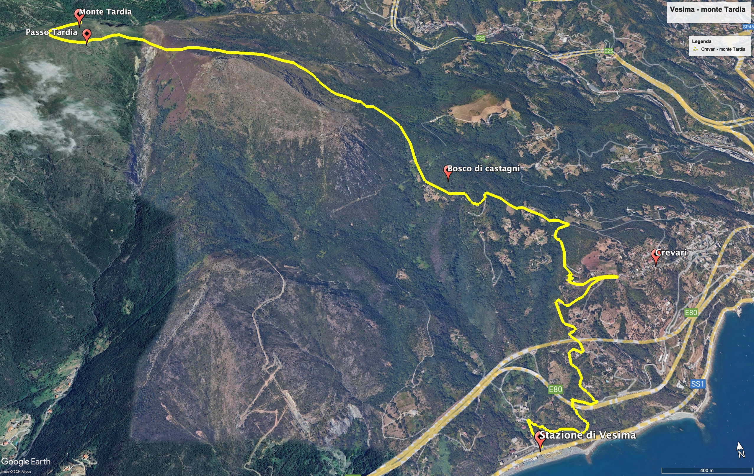 Cartina dell'escursione Mappa dell'escursione da Crevari al monte Tardia.