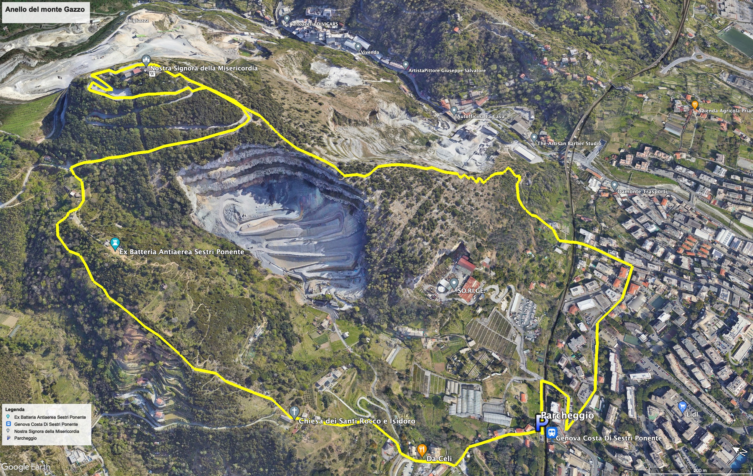 Cartina dell'escursione Mappa dell'escursione da Sestri Ponente al monte Gazzo