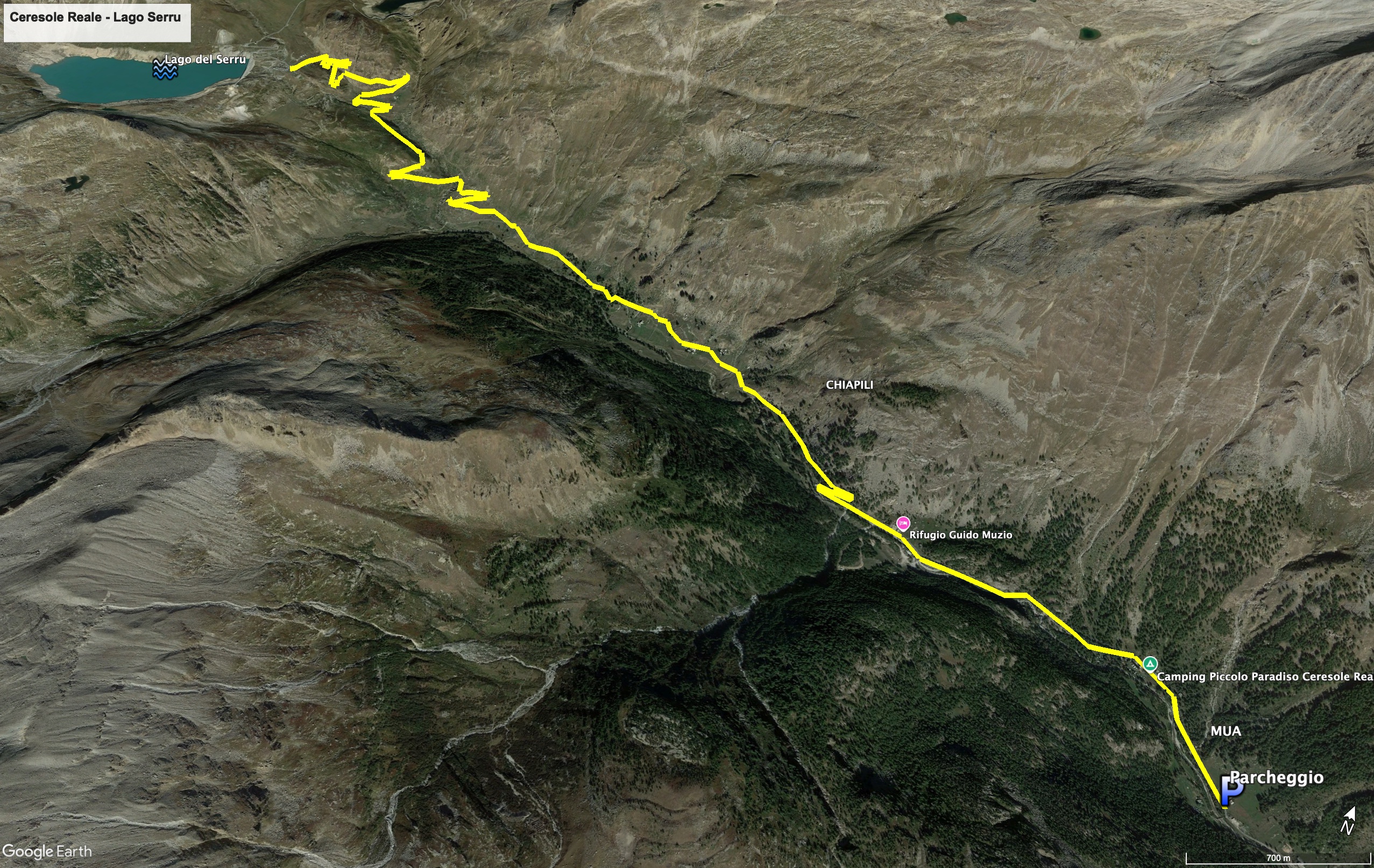 Cartina dell'escursione. Mappa dell'escursione da Ceresole Reale alla diga del Serrù